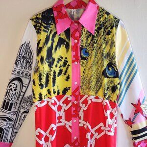Designer Inspired Chain & Animal Print Midi Dress Sz Medium Colorful Festival